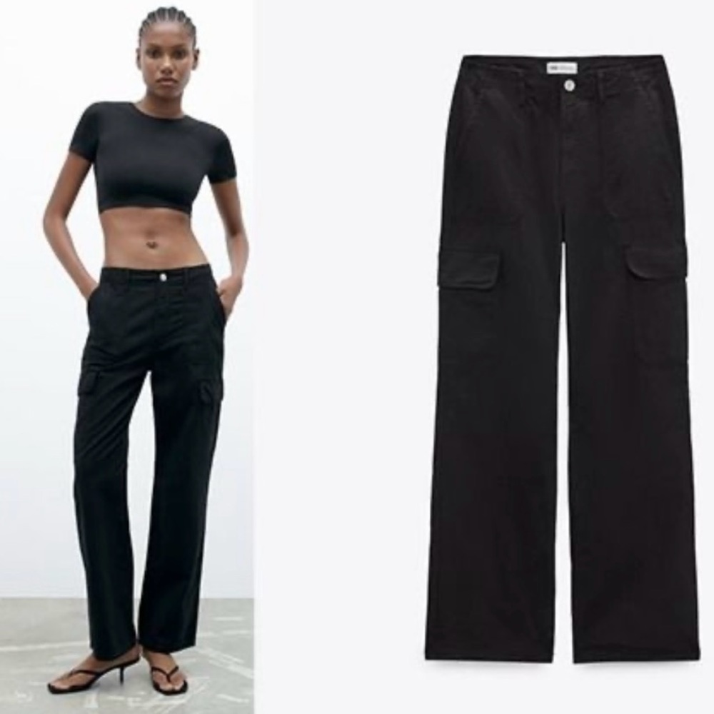 Zara high rise straight fit cargo pants in black USA 0